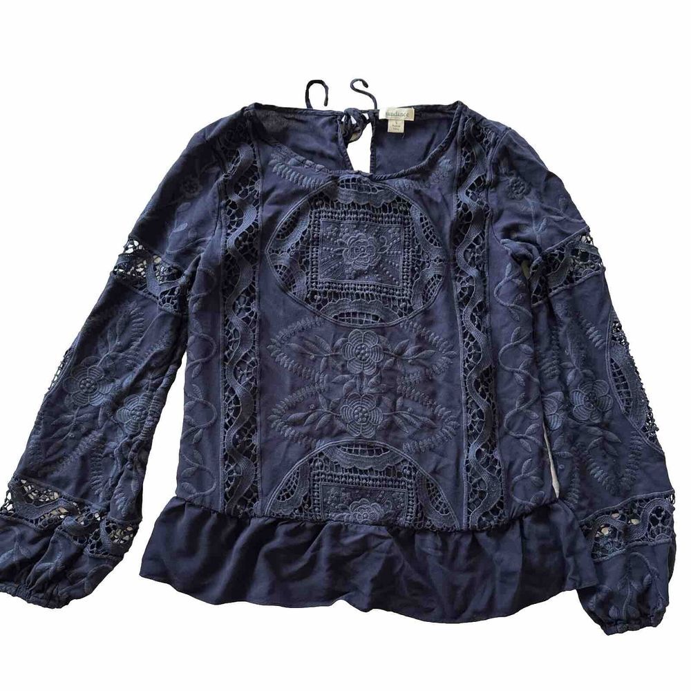 Sundance Women's S Navy Embroidered Blouse Tie Back Ruff Hem Floral Balloon